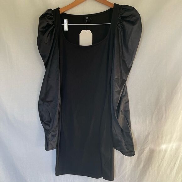 Puff satin long sleeve mini bodycon dress black - Picture 9 of 11